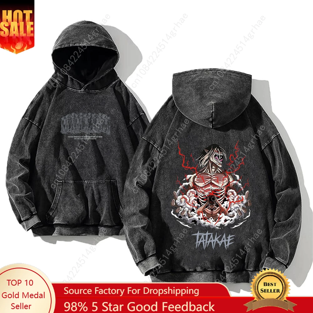 

Anime Attack on Titan Hoodie Printed Hip Hop Long Sleeve Casual Streetwear Acid Washed Hoodies Manga Print Sweatshirts Tops
