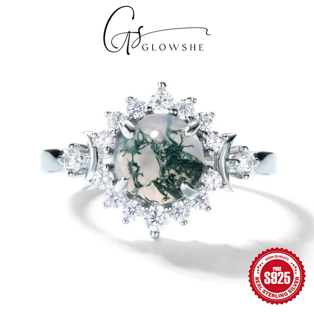 

Glowshe 925 Sterling Silver 5A Zircon Moss Agate Flower Resizable Ring Banquet Luxury Fine Jewelry 2025 New Design Ring Gift