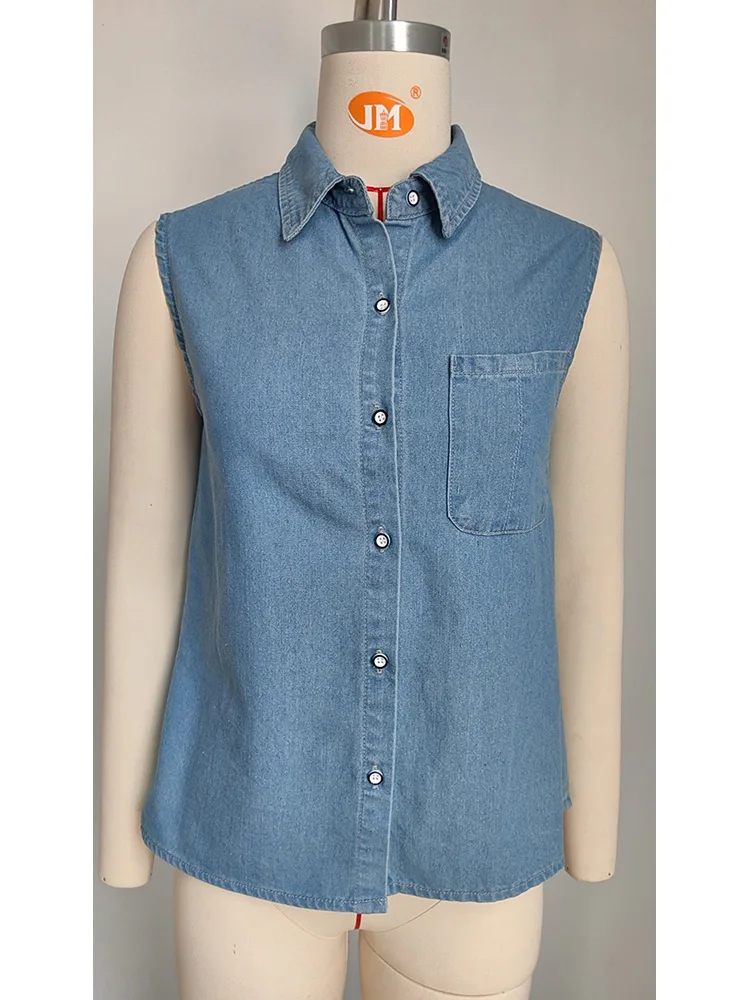 Benuynffy Turn-down Collar Sleeveless Denim Shirt Women 2024 Summer New Fashion Washed Pockets Casual Button Up Shirts Female