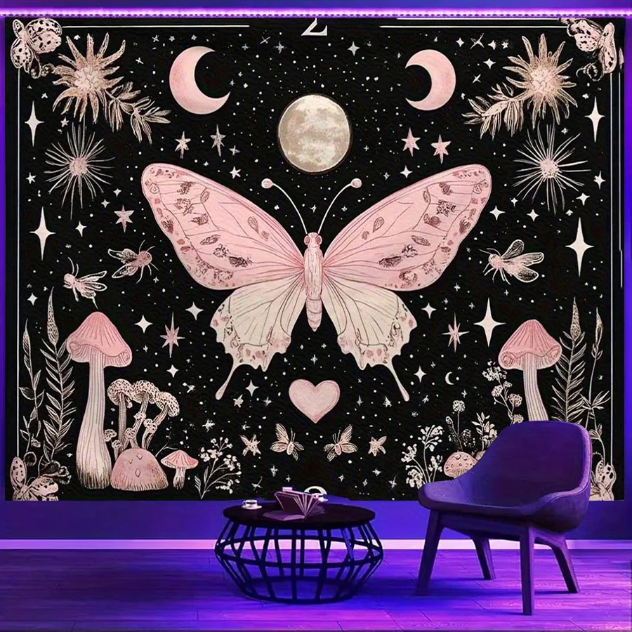1PC Pink Butterfly Moon Art Print Backdrop Banner, Bedroom Living Room Photo Background, Polyester, Home Decor, Wall Art