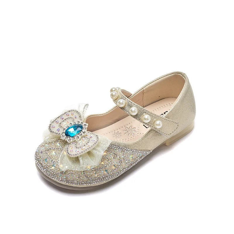 Fashion Shoes for Girls 2024 Spring Girls Western Style Bright Diamond Bow Shallow Mouth Pearl Crystal Shoes