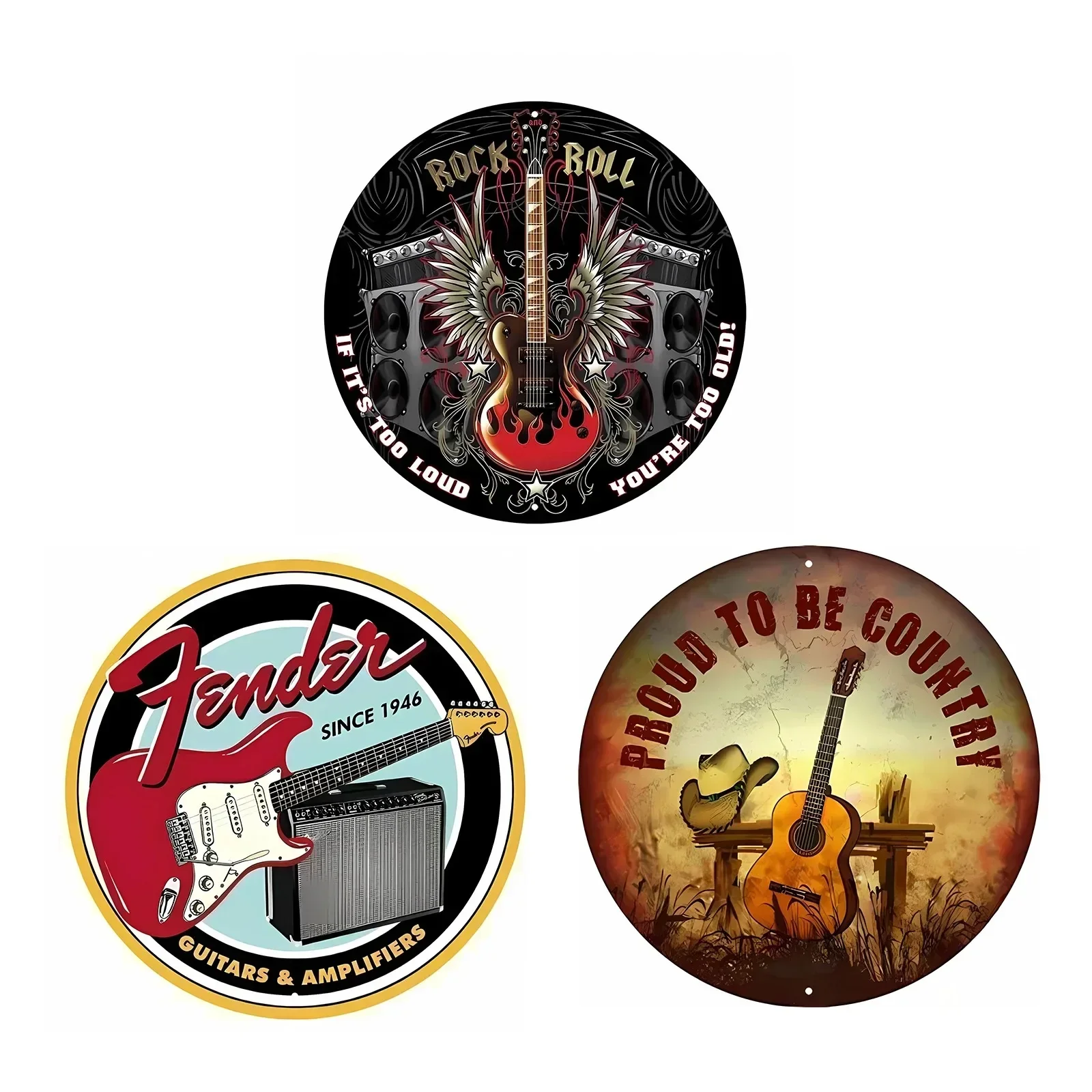 Vintage Rock and Roll Round Posters Metal Tin Signs Decor Fender Guitar Amplifier Metal Sign Retro Art Wall Music Bar Pub Club