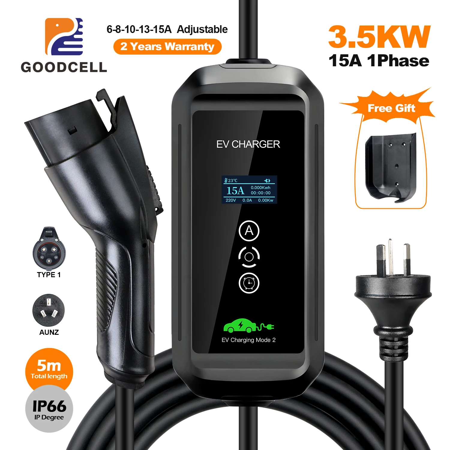 

GOODCELL Type1 6/8/10/13/15A Adjustable 3.5kw AU NZ plug EV Charger EVSE Car Home Charging Portable Use for Charge Plug IP 66