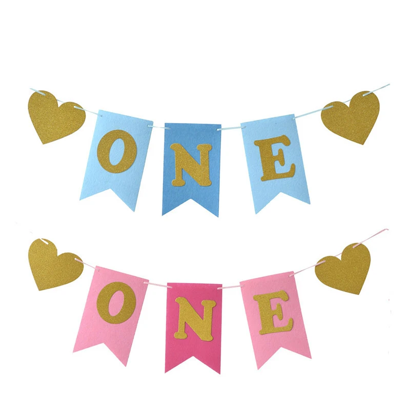 Boy Girl First Birthday Party Baby Chair Flag Banner Pink Blue One Year Old Birthday Hanging Bunting Celebrate Party Decor