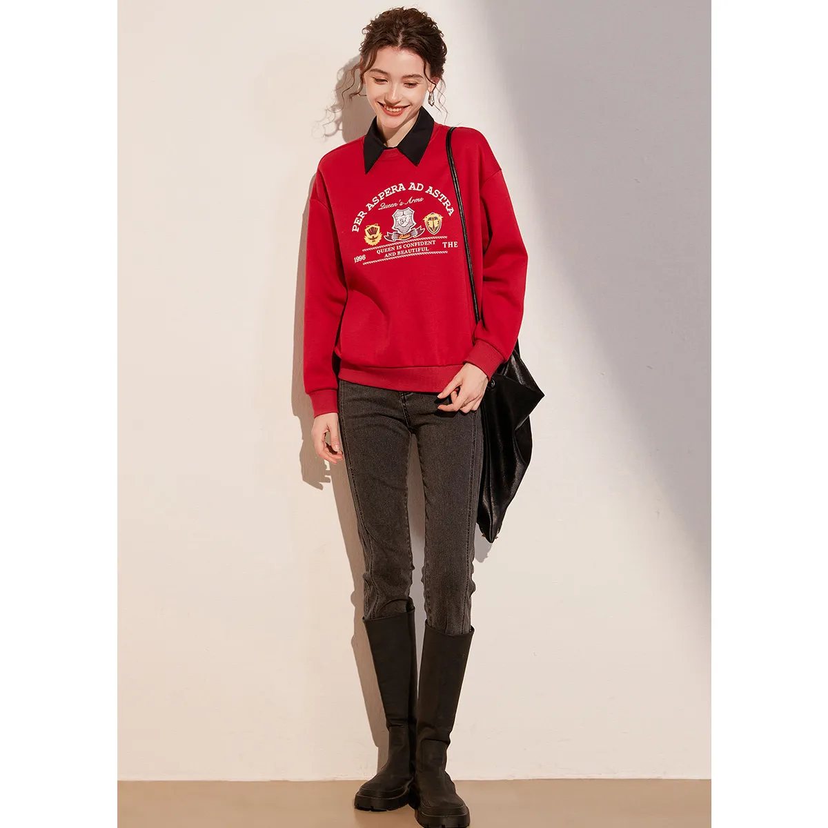 LOUIS YAO 2025 Winter Thick Velvet and Contrasting Color Design Micro Elastic Round Neck Letter Printed Women's Hoodie