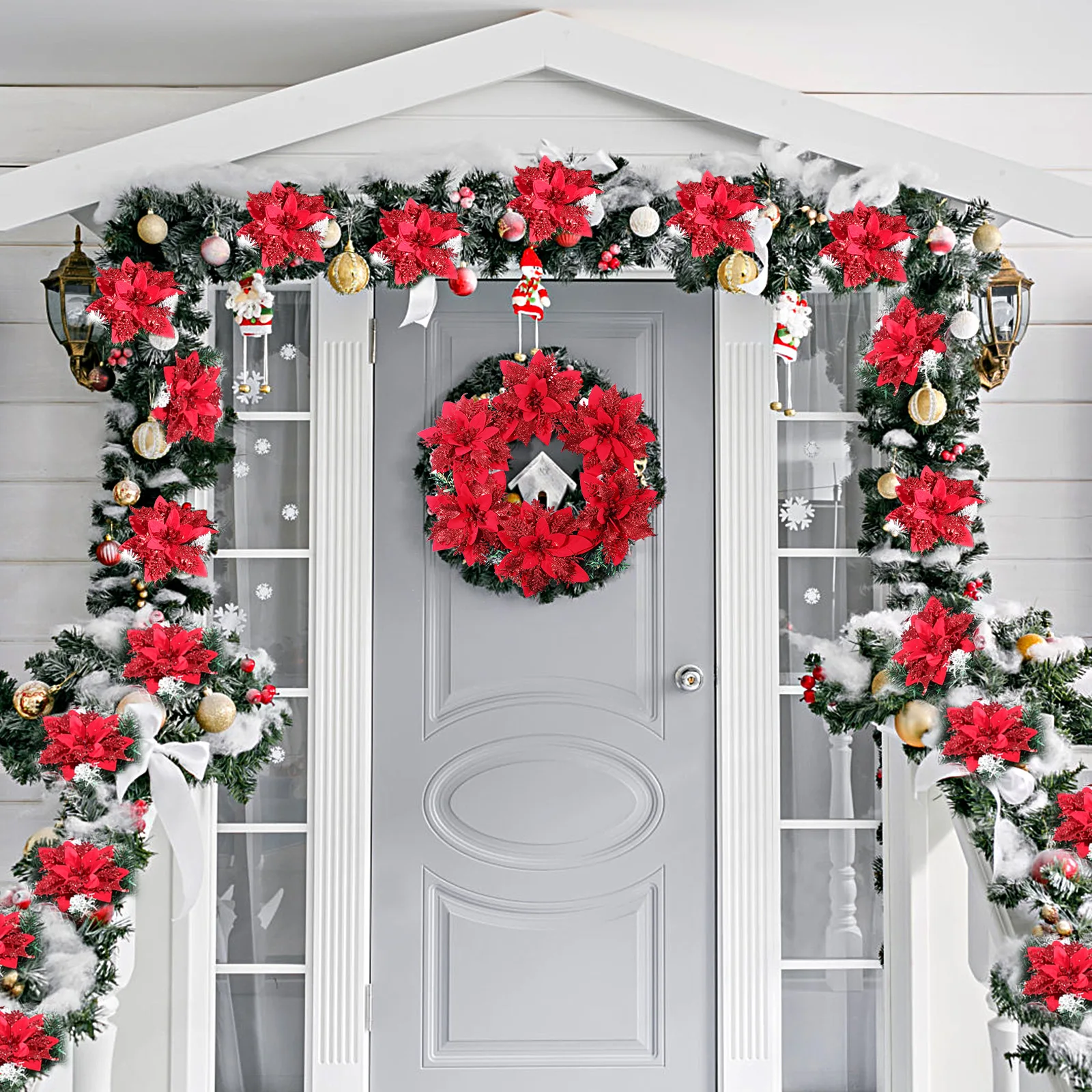 

12pcs Christmas Glitter Poinsettia Flowers Decorations For Tree Garland Home Party Diy Wedding Baby Shower Ornaments Lightweight