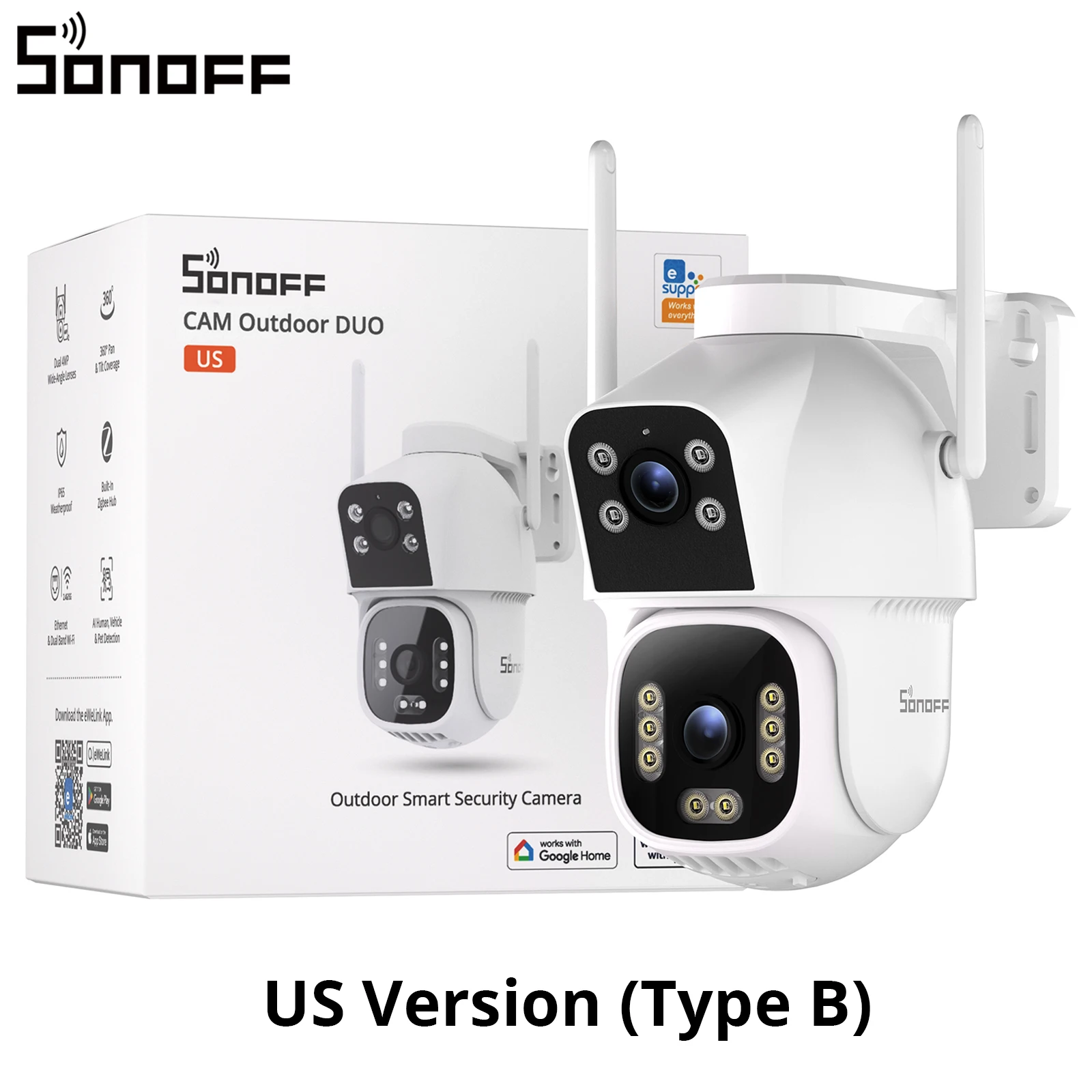 SONOFF CAM Outdoor DUO: slimme beveiligingscamera voor buiten, met Zigbee-hub, dubbele 4MP-lens, full-color nachtzicht, WiFi en Ethernet – CAM-C44HE.