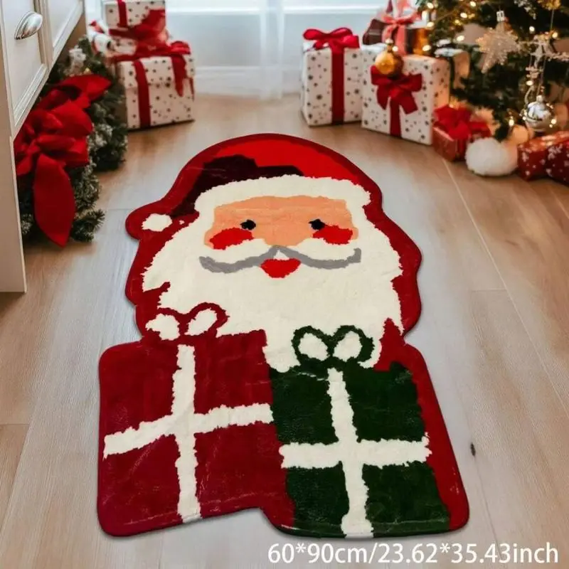 VIKAMA Christmas Shaped Flannel Rug Santa Claus Gift Box Print Non Slip Mat For Living Room Bedroom Entry Xmas Home Decor
