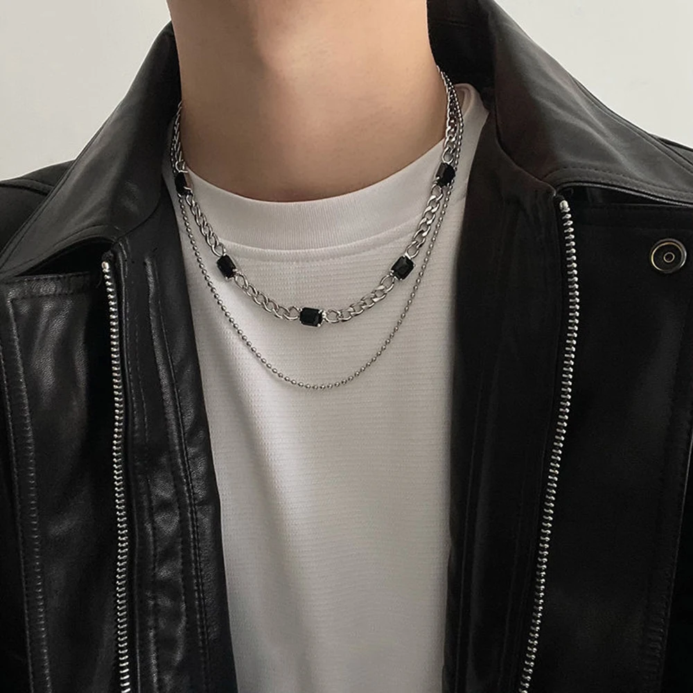 Hip hop Double Layer Cuban Chain Black Crystal Necklace Man Women Stainless Steel Jewelry Simple Men\'s Chain Accessories