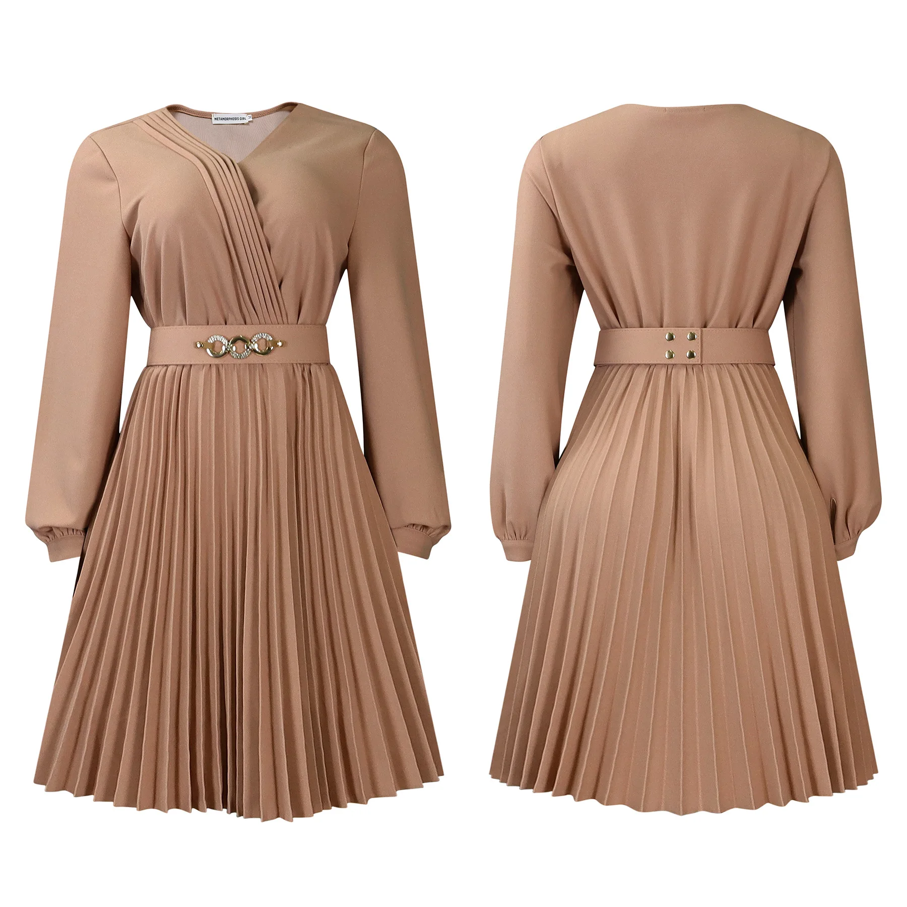 ATR-D497#Red Peacock Green White Dark Khaki V-neck With Belt Fashionable Pleated Plus Size Cocktail Party Dress Wholesale Cheap