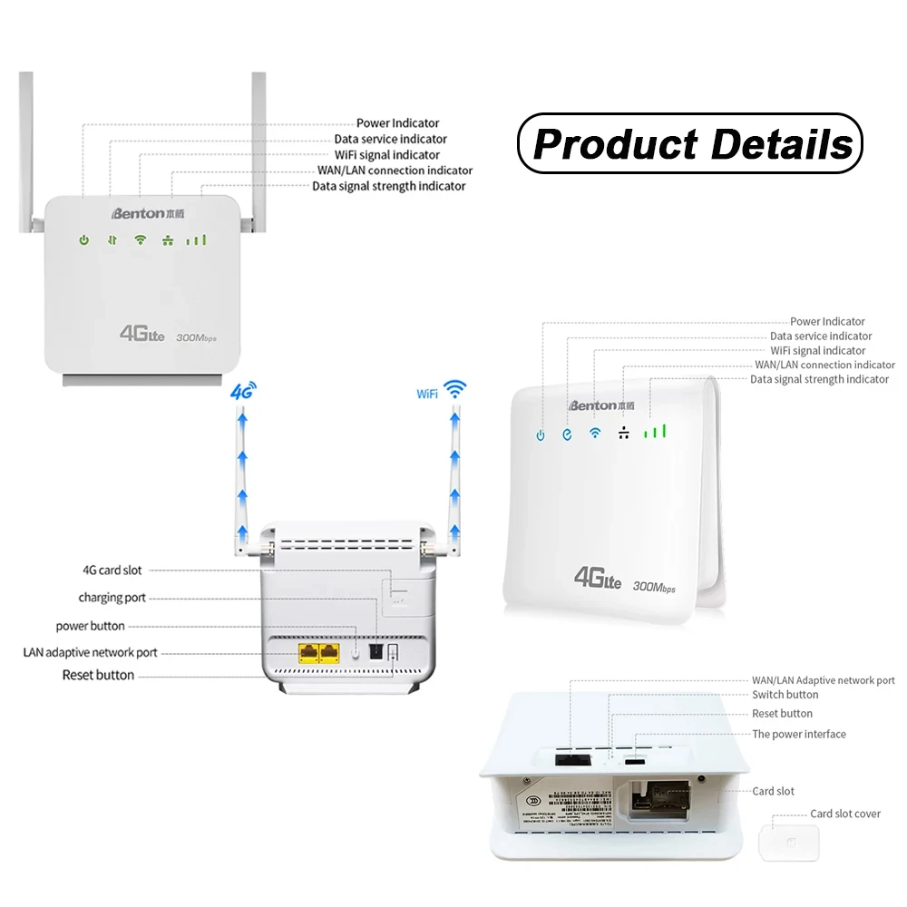 Benton 4G LTE Router 300Mbps 2.4GHz WiFi Hotspot Repeater with SIM Card Slot 32Users WAN LAN Internet Modem for Asia Europe