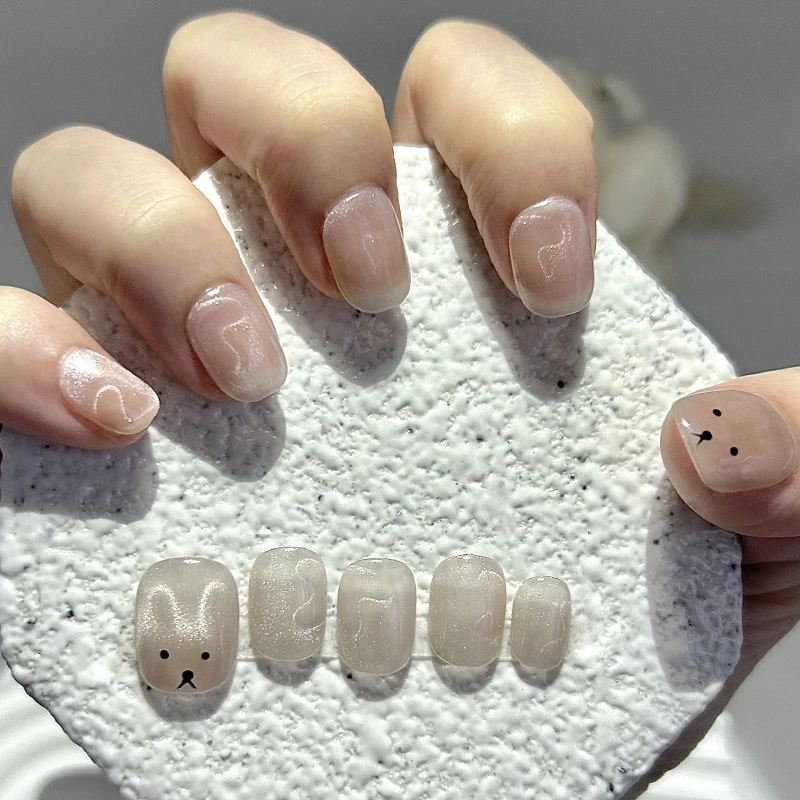 

10 Pieces Sweet and Cute Daily Short Handmade Press On Nails Shiny Cat Eye Heart Puppy Fake Nails Removable Reusable