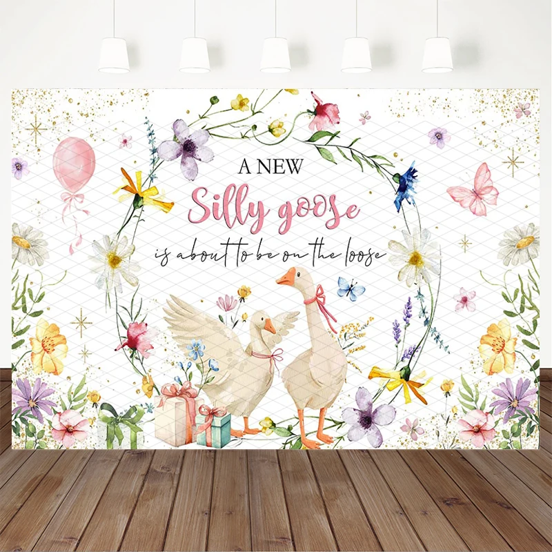 Mocsicka Silly Goose Baby Shower Backdrop Watercolor Floral Photography Background Wildflower Wreath Kid Party Photobooth Banner