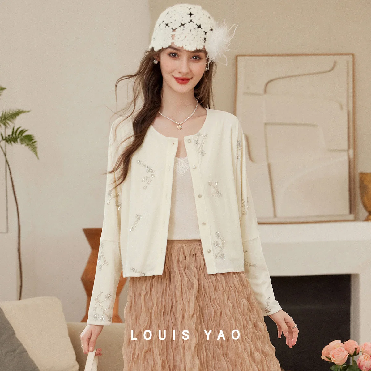 LOUIS YAO Women's Coat 2026 Spring Elegant Luxury Sequin Floral Embroidered Crew Neck Cardigan Versatile Casual Knit Coat