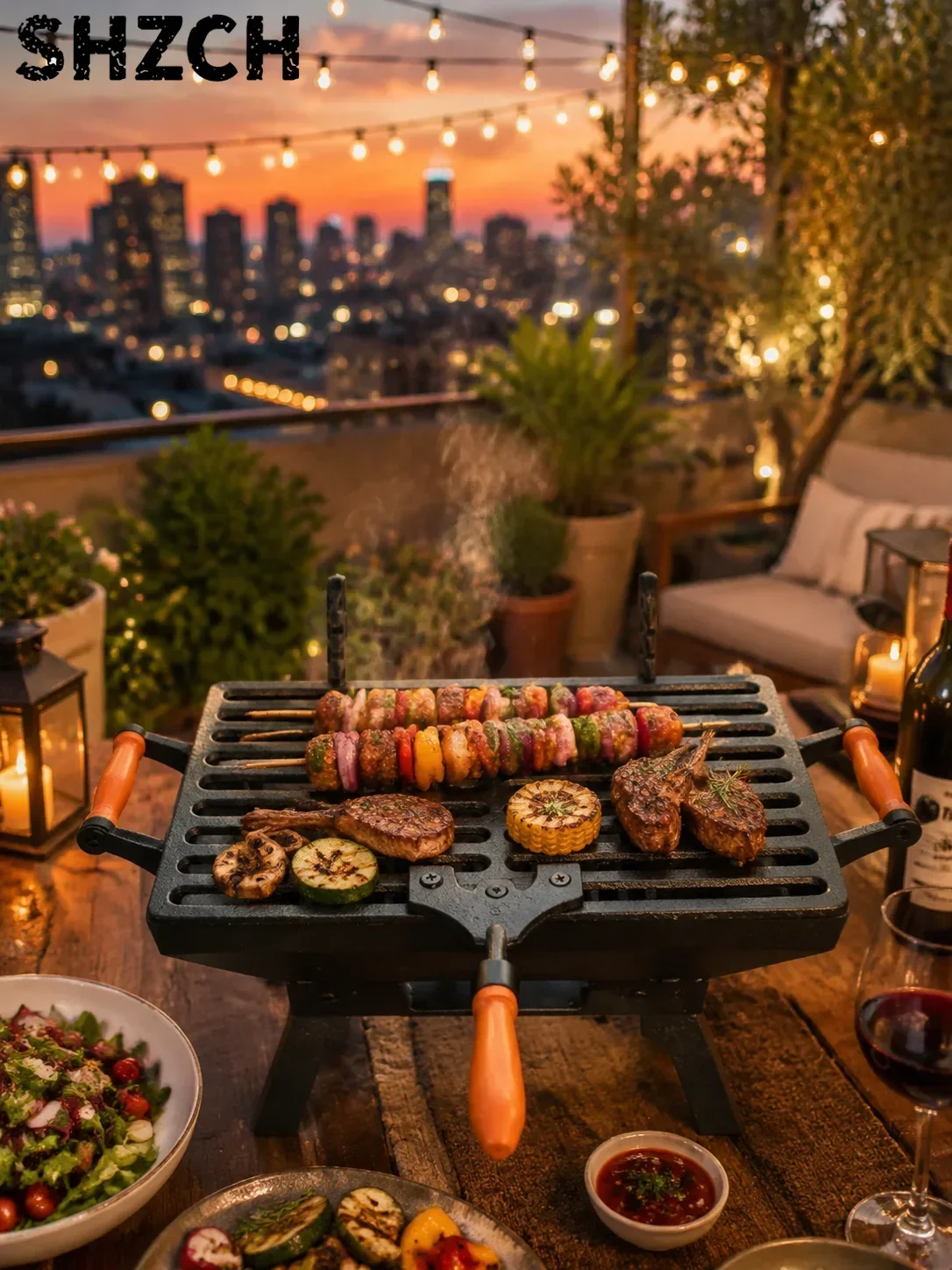 Portable Cast Iron BBQ Grill Rectangular Tabletop Charcoal Grill with Wooden Handles Outdoor Camping Patio Barbecue Rack