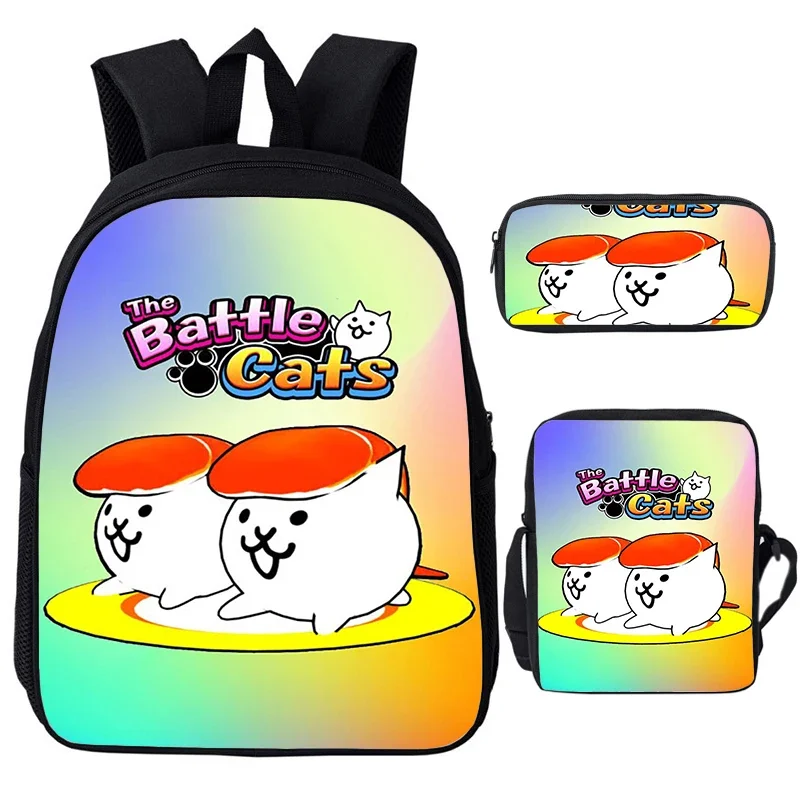 The Battle Cats Backpack Shoulder Bag Pen Bag 3pcs Set Cute Cartoon School Bags kids Boys Girls Softback Bookbag Laptop Backpack