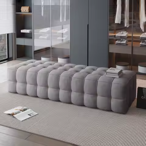 Tufted Velvet Ottoman Bench with Square Grid Pattern Plush &amp; Stylish Seating for Dressing Room &amp; Modern Interior Spaces