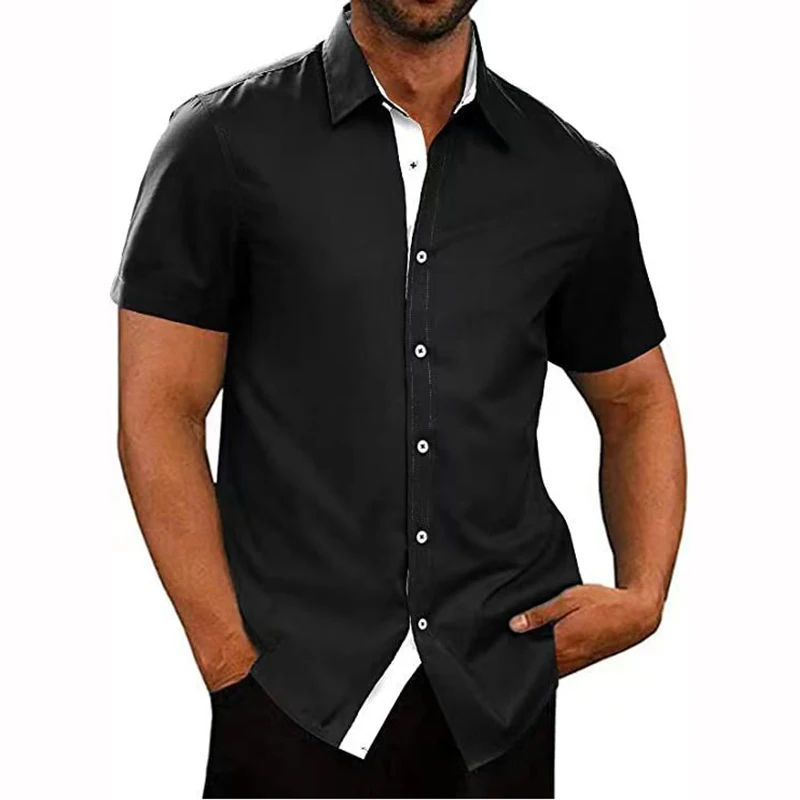 

2023 New Summer Polo Collar Front Contrast Short Sleeve Button Large Men's Four Sided Stretch Shirt