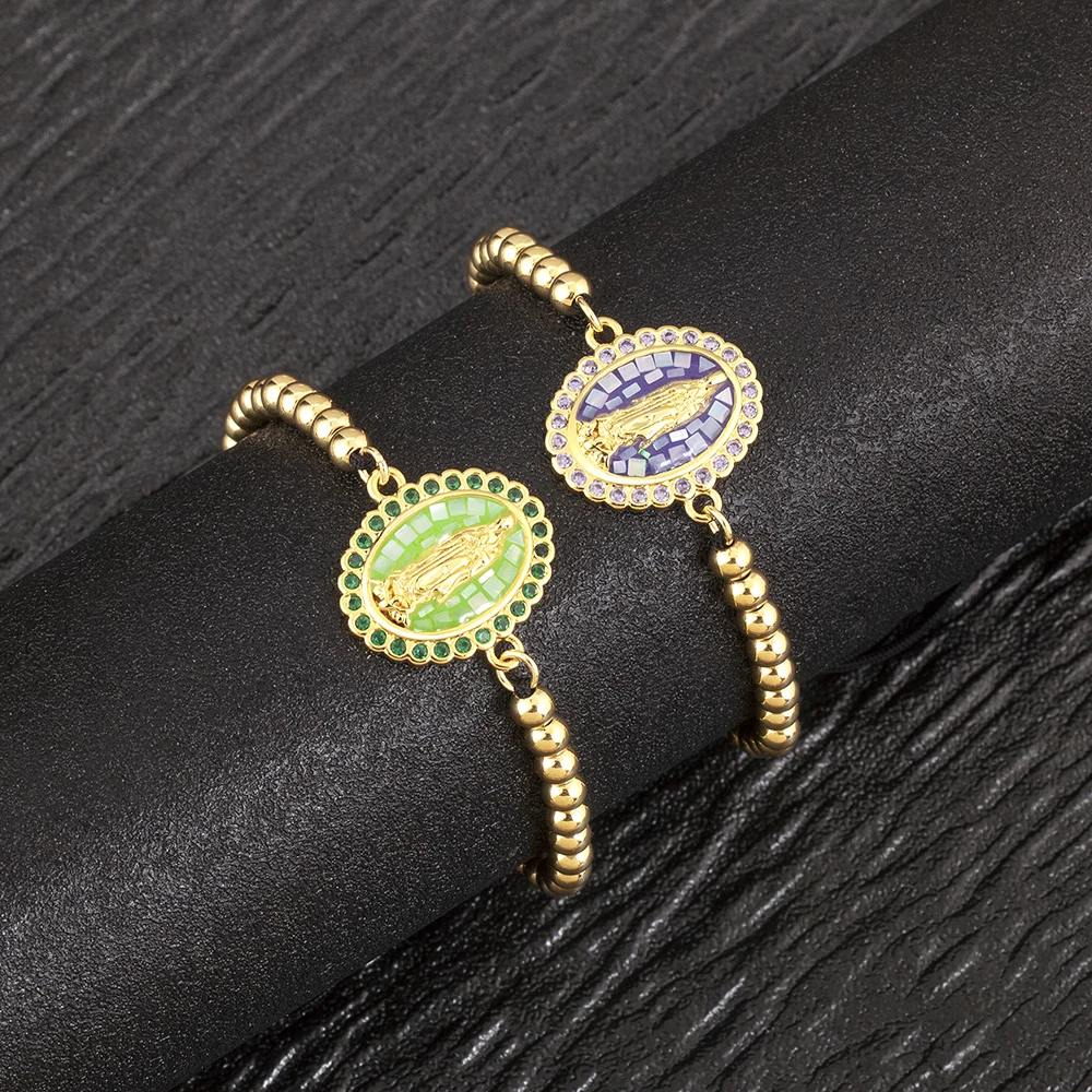 Nidin Classic New Design Oval Shape Virgin Mary Shiny Zircon Charm Chain Bracelets Adjustable 6 Colors Female Jewelry Gifts