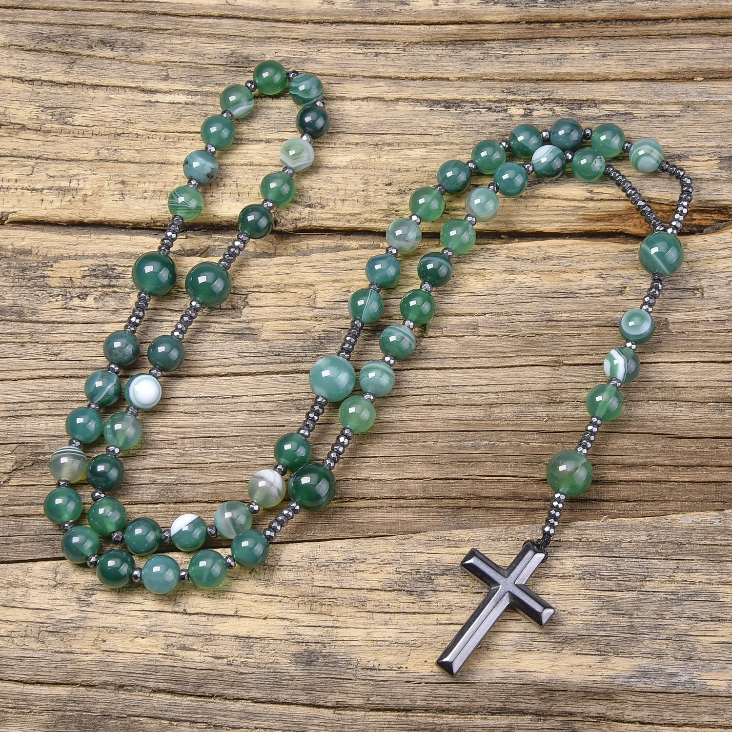 Natural Green Agate Catholic Christ Rosary Necklaces Bead Long for Women Men Hematite Cross Pendant Necklace Meditation