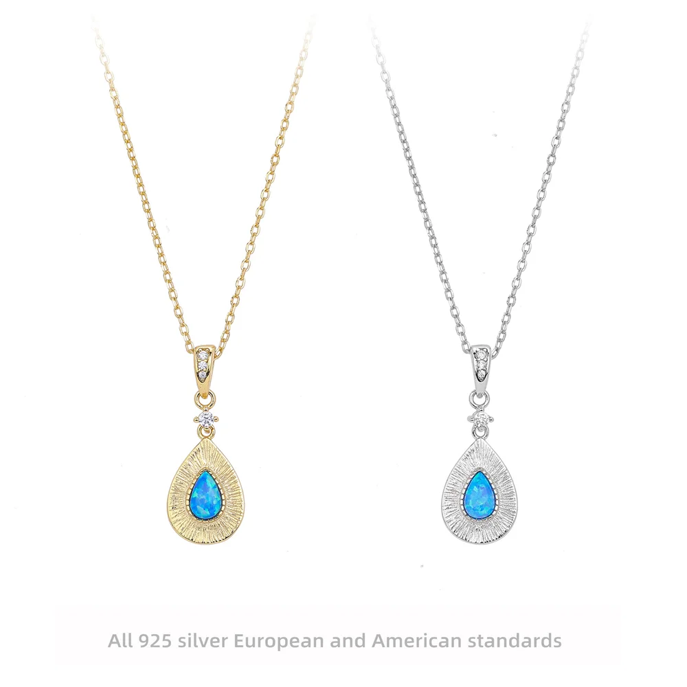 

European & American 925 Silver Necklace, Blue Gem Teardrop Diamond Pendant, Trendy High-End Chain