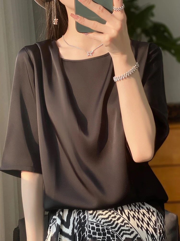 Women's O-Neck Half Sleeve Top, Folded Decorative T-Shirt, Short Sleeves, High End Elegance Tees, Thin Fashion, New Style,Summer