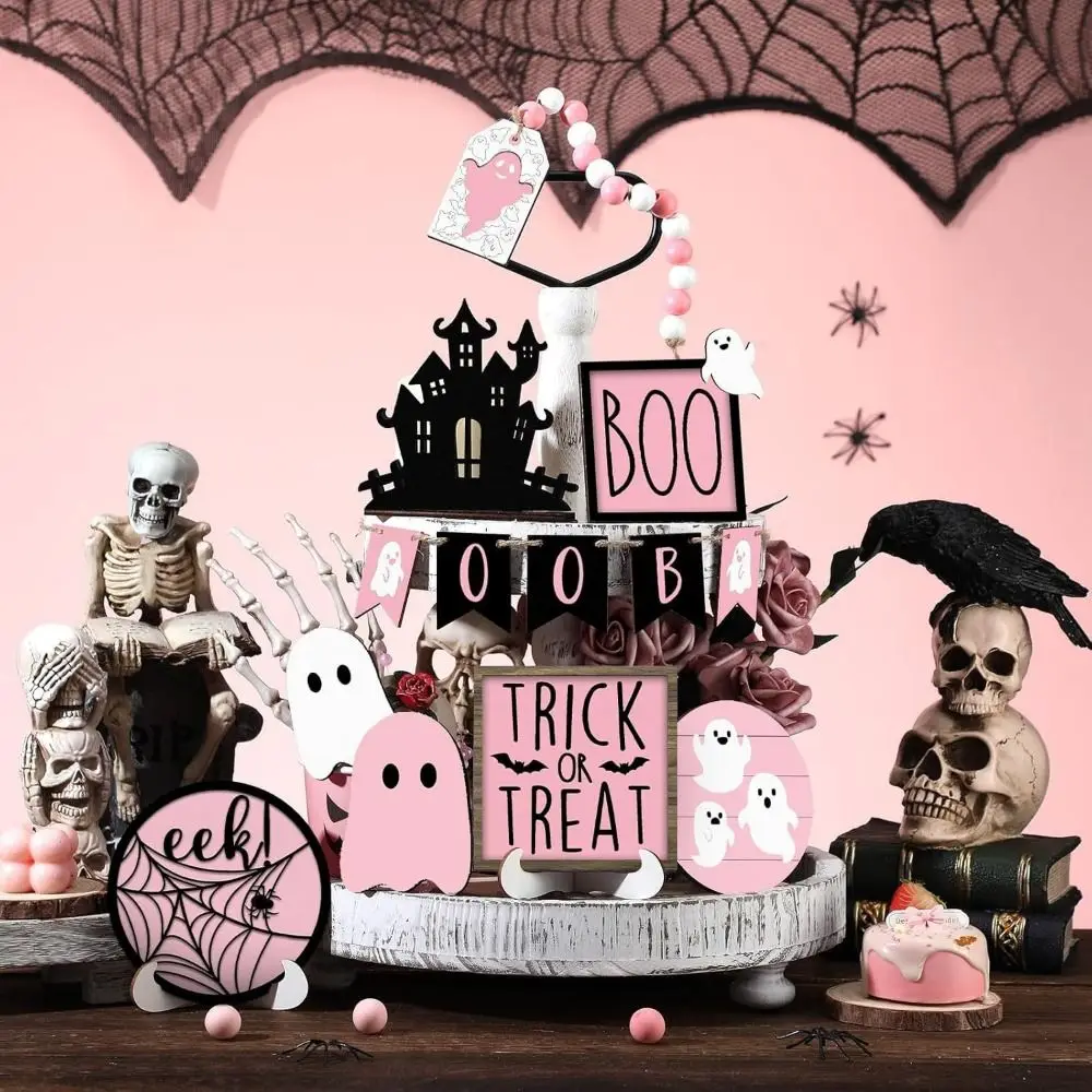 

13pcs Wooden Signs Ornaments Cute Ghost Tray Decor Pumpkin Pink Halloween Layered Tray Decoration Set Decorative Funny