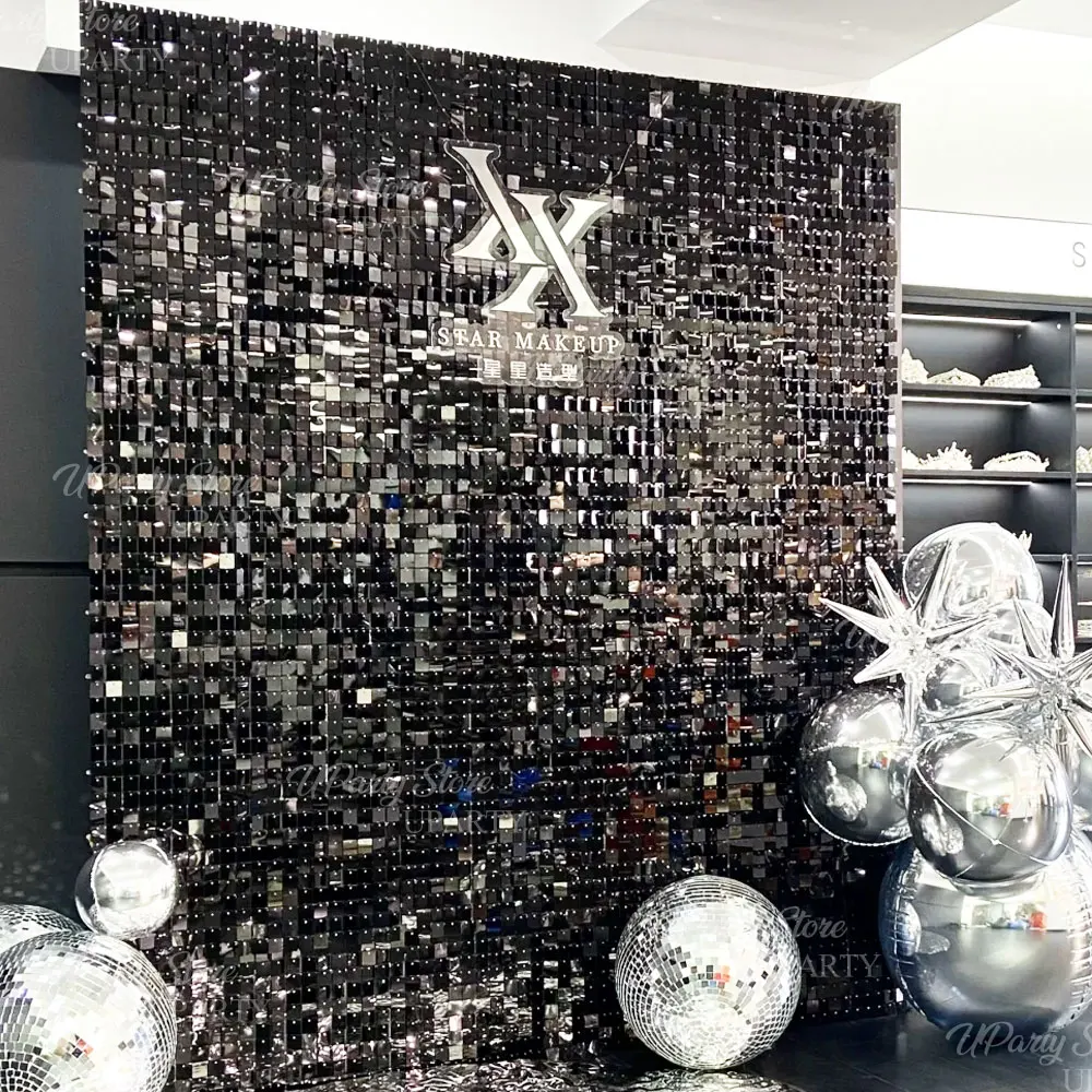 Black Shimmer Wall Backdrop 12/16/24pcs Glitter Shiny Black Sequin Wall Panels for Disco Party Birthday Wedding Graduation Decor