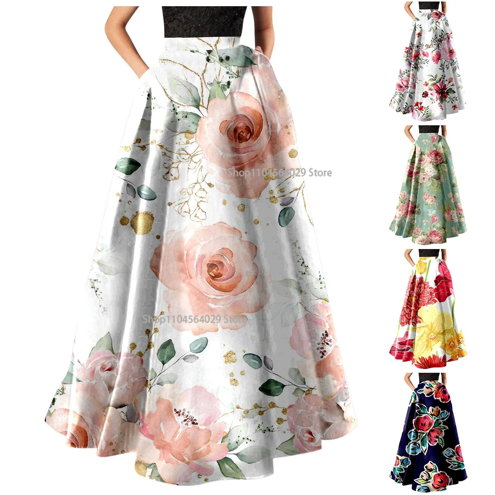

Korean Elegant Bohemian Skirts For Women 2025 Floral Print Maxi Skirt High Waist Pocket Party Beach Long Skirt Ropa De Mujer