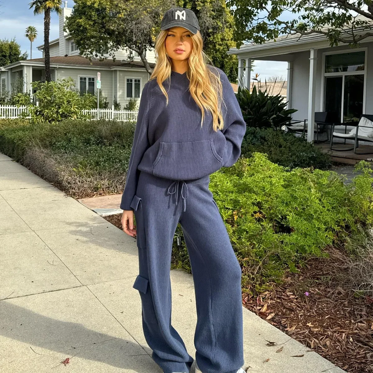 Spring and Fall Solid Color Loose Casual Knit Two-piece Set, Women's Fashionable Hooded Top+wide Leg Pants with Multiple Pockets