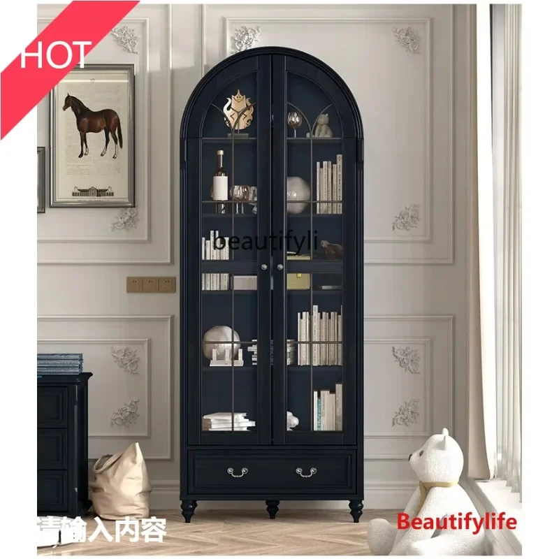 American arched bookcase solid wood with glass door retro double door storage storage display cabinet