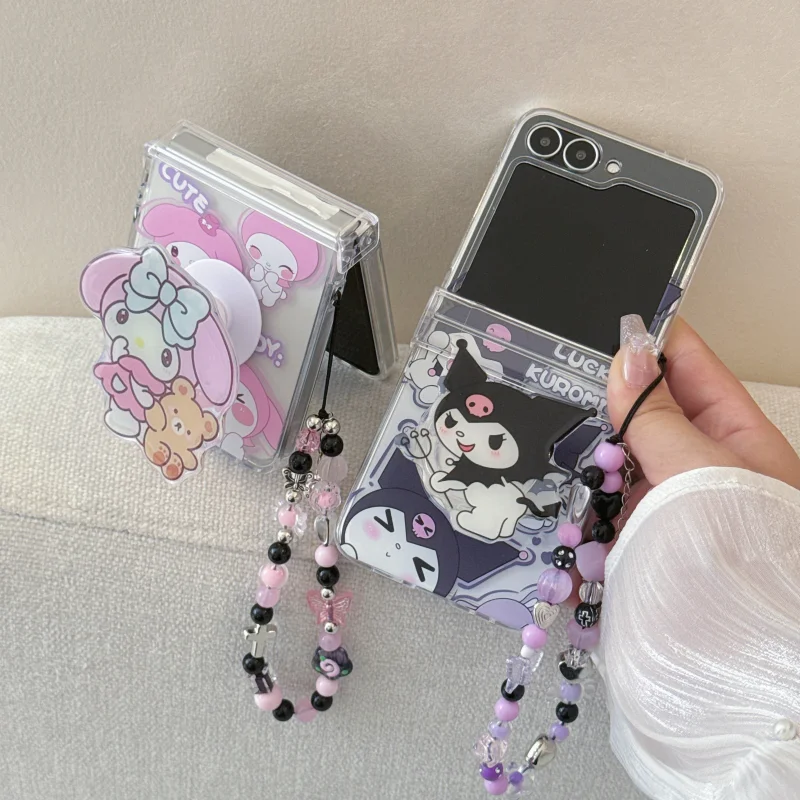 

Cute Kuromi My Melody Bear Cartoon shockproof Folding Phone Case For Samsung Z Flip 6 Z 3 4 5 6 7 Kuromi My Melody Holder Cover