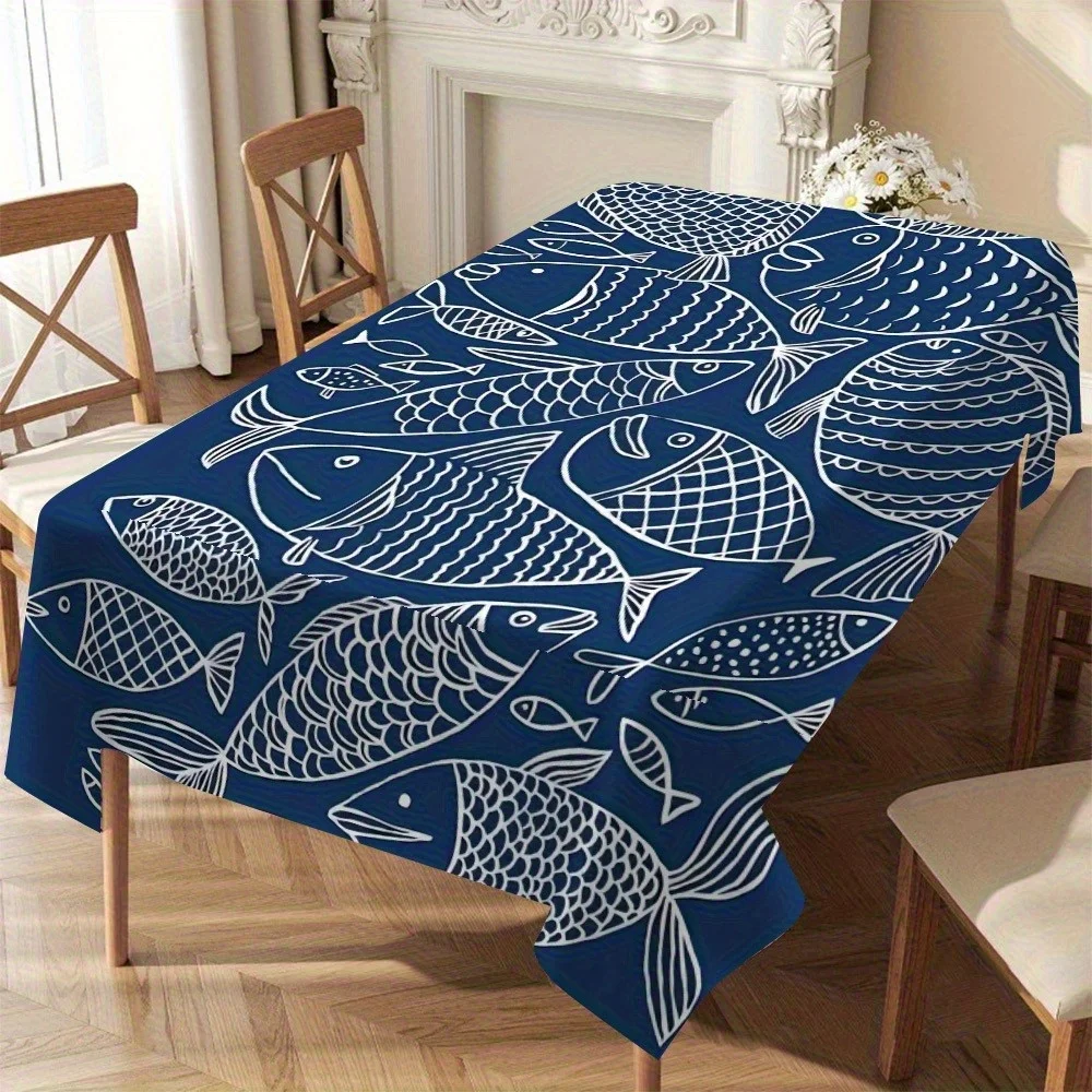 A Fish-Shaped Design Tablecloth - Navy Blue with White Fish Patterns, Easy to Clean, Suitable for Weddings, Parties, Festivals,