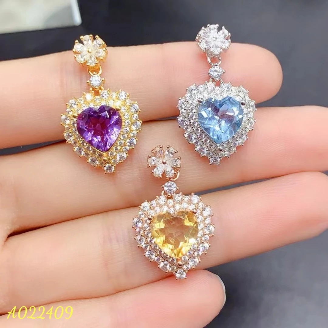 

Fine Jewelry 925 Natural Heart shaped Gemstone Women's Pendant Citrine London Blue Topaz Purple Crystal AvailableThree Color