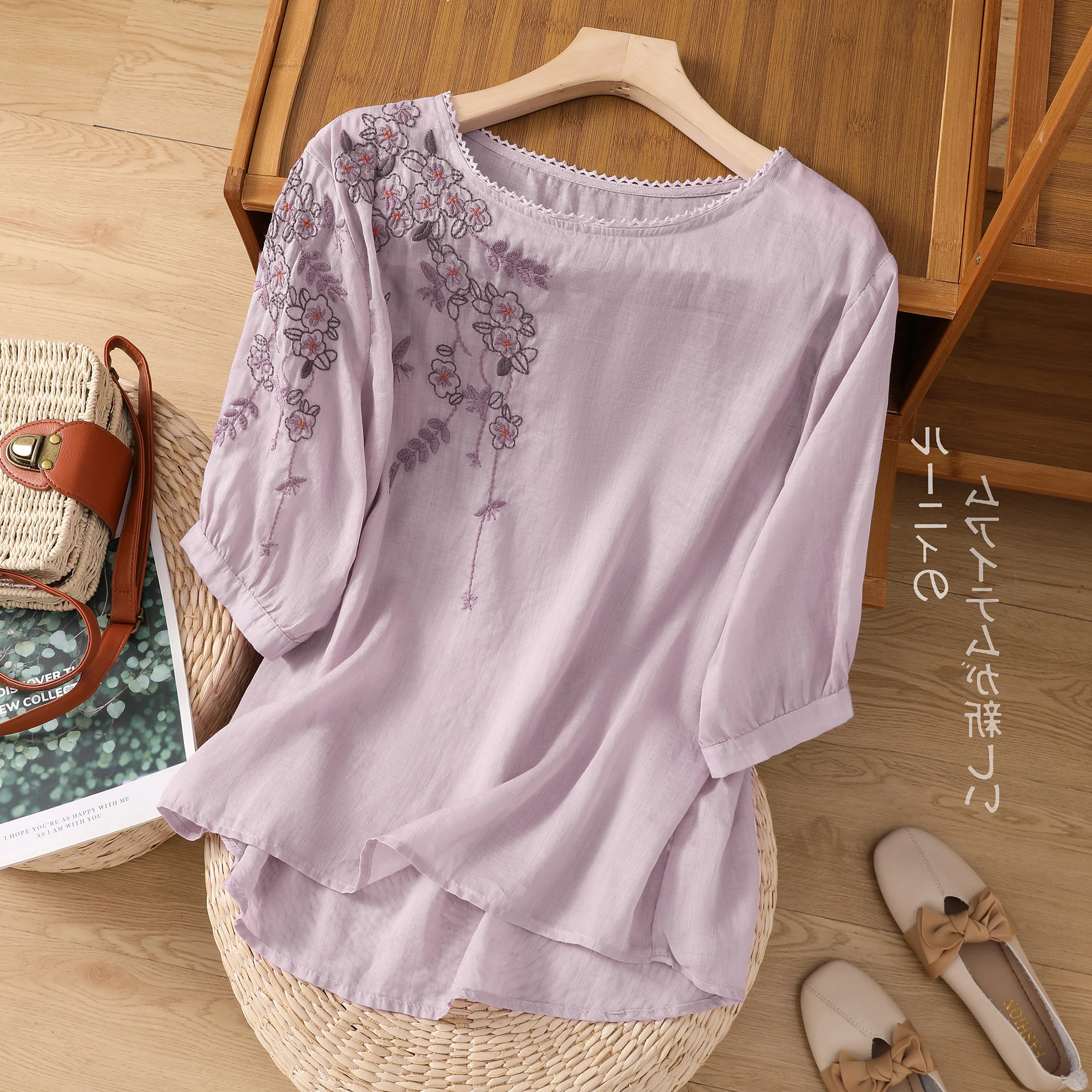 

Женские летние хлопковые льняные рубашки с цветочной вышивкой, фиолетовые, зеленые, желтые, серые блузки с короткими рукавами, футболки, винтажные этнические топы в стиле бохо