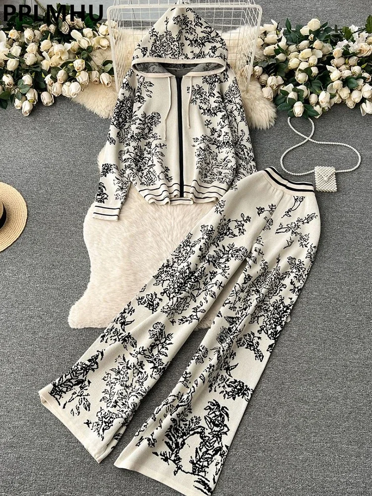 Vintage Print Knit 2 Piece Sets Women Casual Knitwear Hooded Zipper Sweatshirts Coats Conjunto High Waist Wide Leg Pants Suits