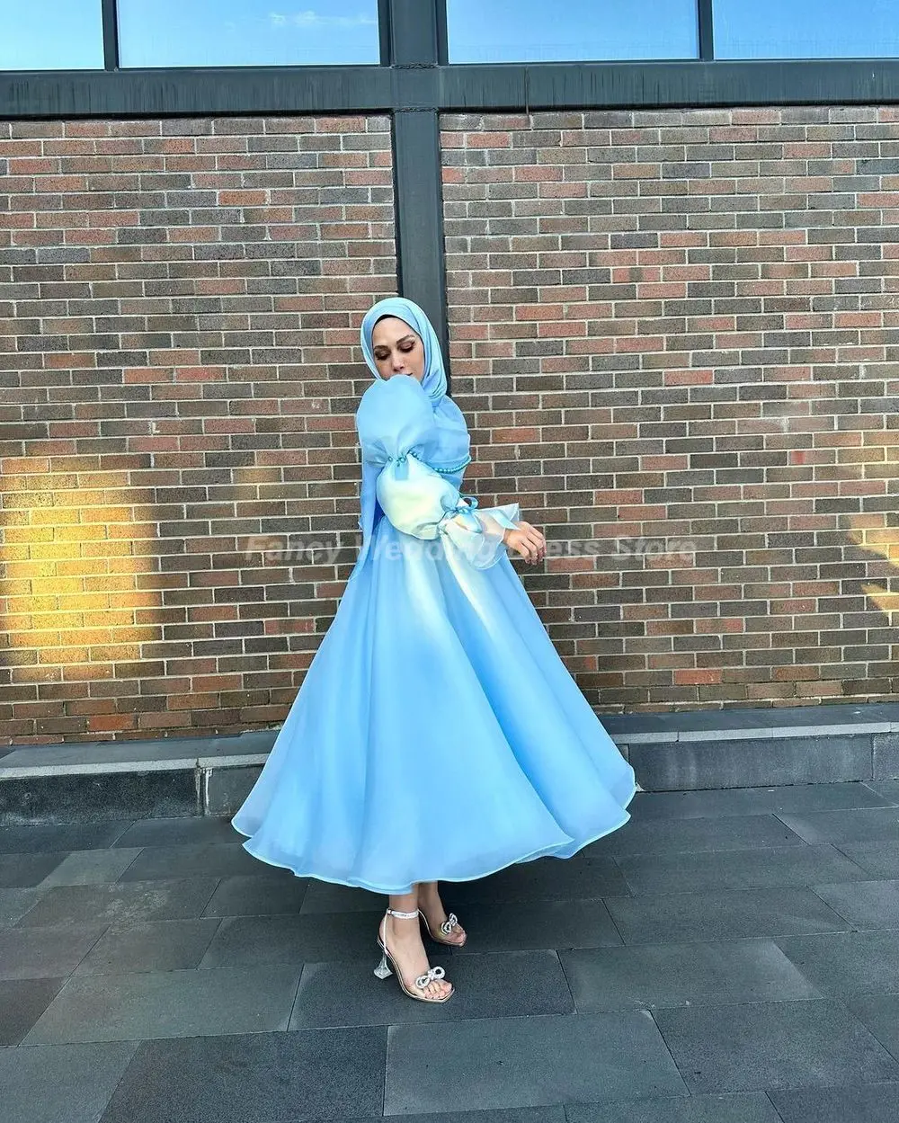 Fancy Vintage Blue Muslim Wedding Dress Saudi Arabia Organza Bridal Gown Pearls With Veil Formal Occasion Dresses customized