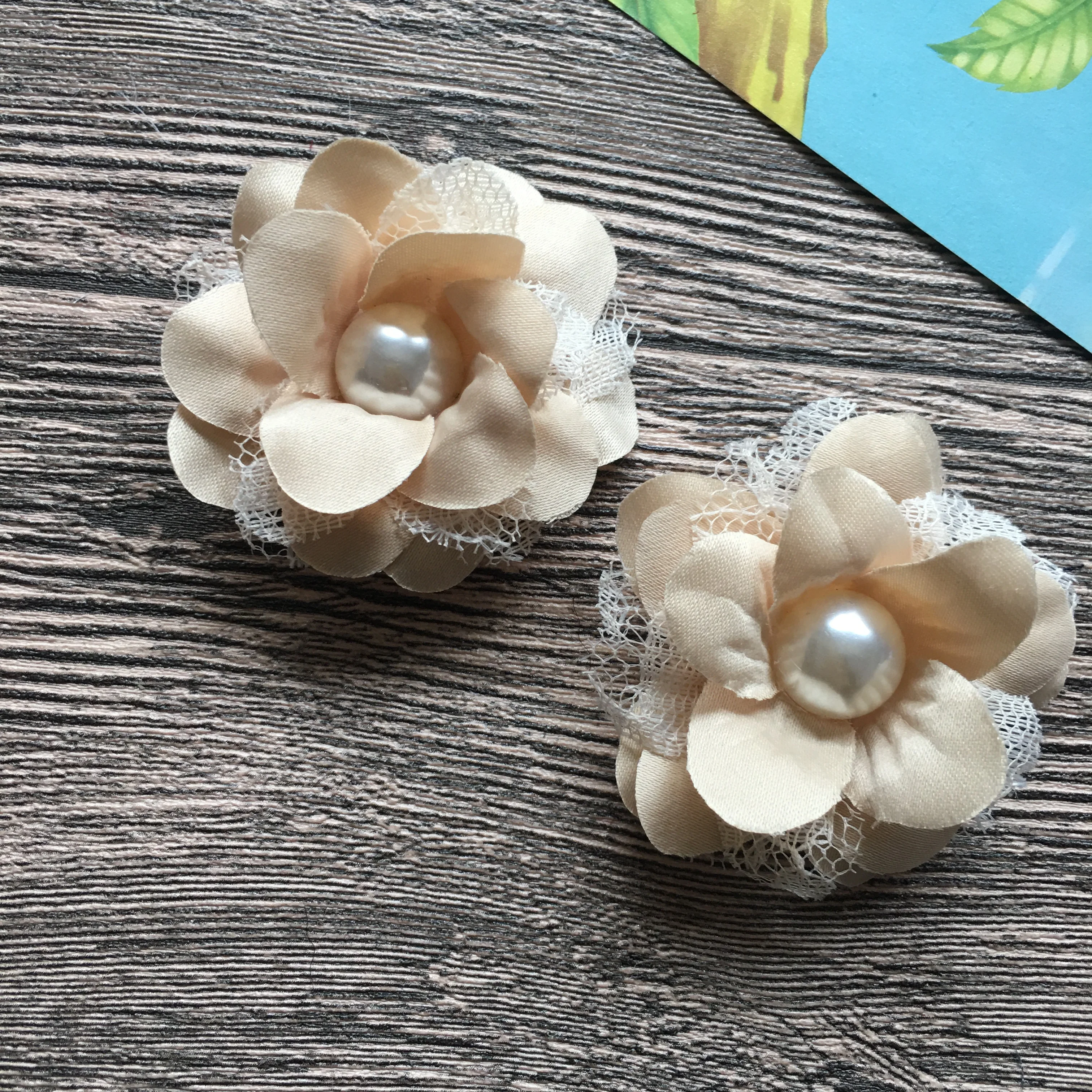 Demin Flower For Baby DIY Accessories 2.0 Inch Fabric Flower Flat Back Handmade Art Flowers With Pearl Center