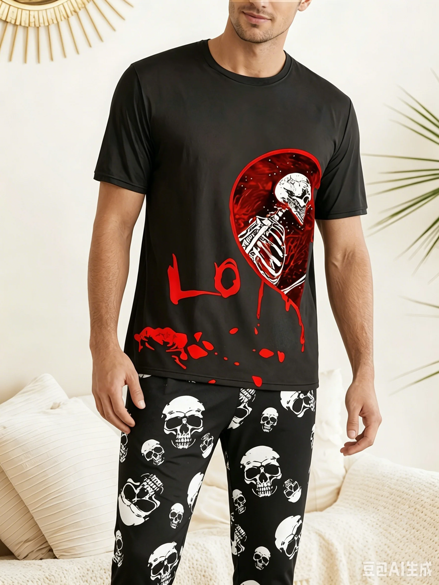 Red Heart Couple Skull Rose Full 3D Printed Pajama Set for Women and Men, T-shirt, Pants, Loose Home Couple Halloween Dress view 3