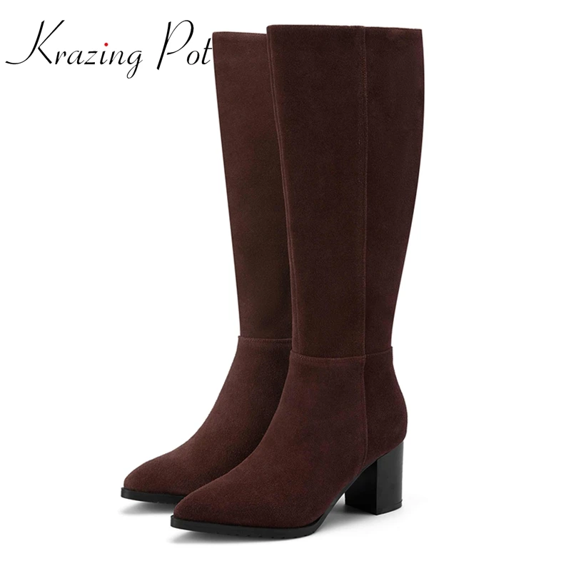 

Krazing Pot Big Size Cow Suede Pointed Toe High Heel Retro Fashion Winter Keep Warm Young Lady Daily Wear Thigh High Boots L63