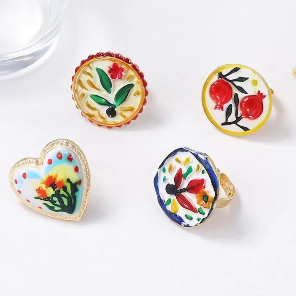 Pomegranate Printing Enamel Flower Ethnic Style Ring Irregular Rotundity Heart-shaped Vintage Metal Geometric Ring Colorful