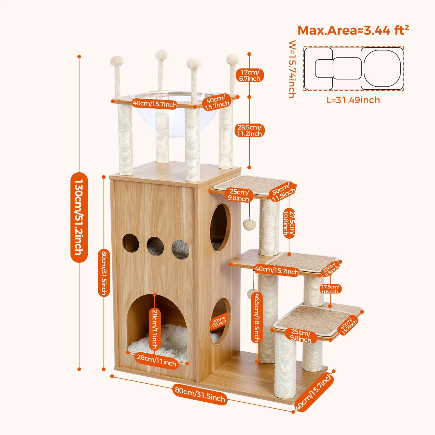 Multi Level Wooden Cat Tree Tower with Scratching Posts