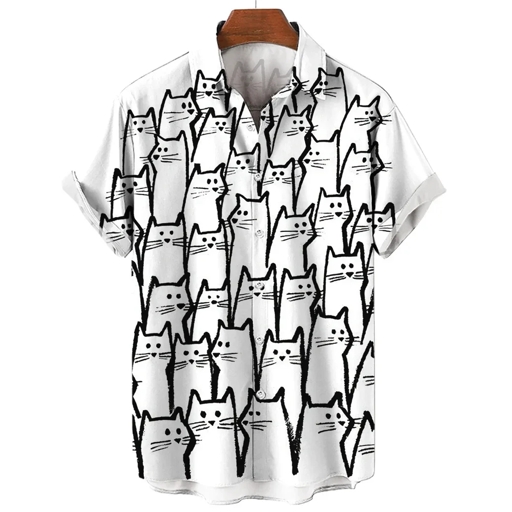 Men\'s Shirt Cute Cat Pattern Shirt Social Summer Casual Vintage Hawaiian Shirt  New Oversize Short Sleeve Street Clothing