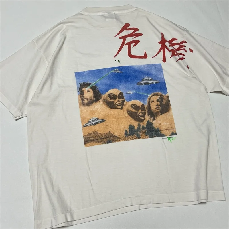 Alien Print SAINT MICHAEL Men's T-Shirts 1:1 Best Quality Graffiti Splatter Short Sleeves Wash White Oversized T Shirt