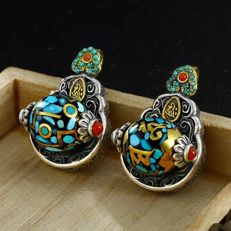 Silver-Plated Nine-Eye Pendant Retro Rotatable Turquoise Six-Word Mantra Necklace Fashion Versatile Style