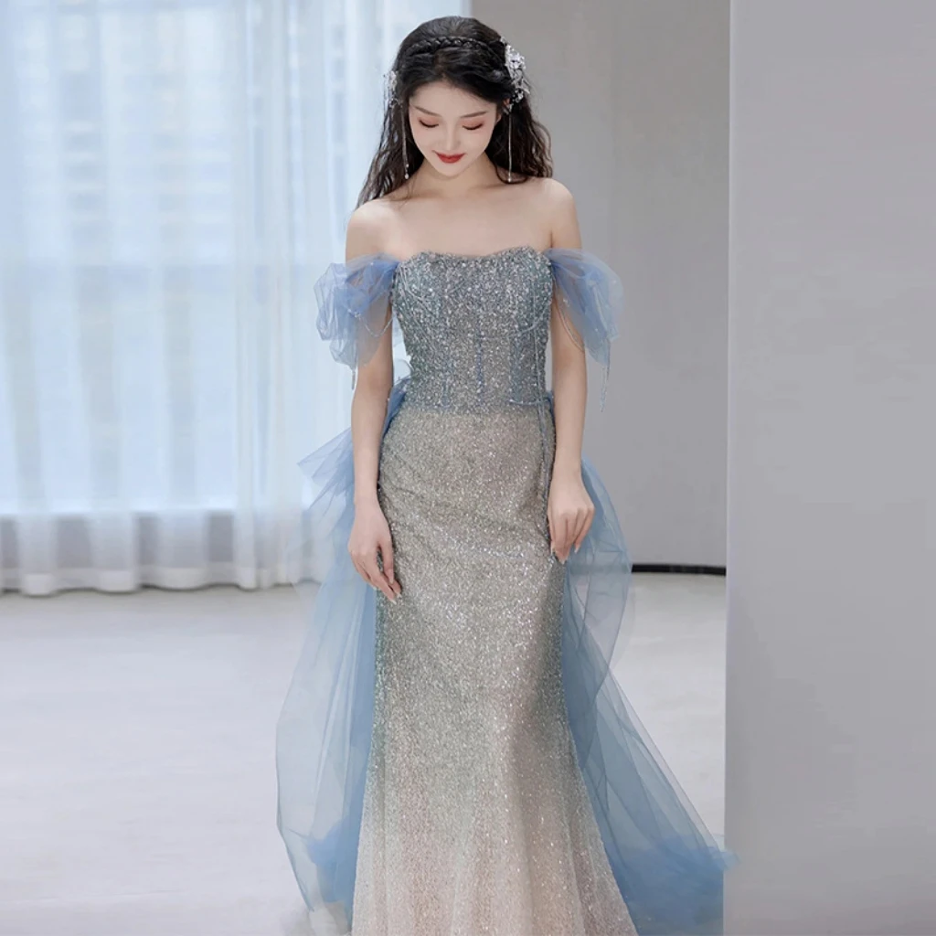 Blue Luxury Senior Evening Dresses Strapless Beading Off The Shoulder Sequin Gradient Blue Cockital Host Party Evening Prom Gown