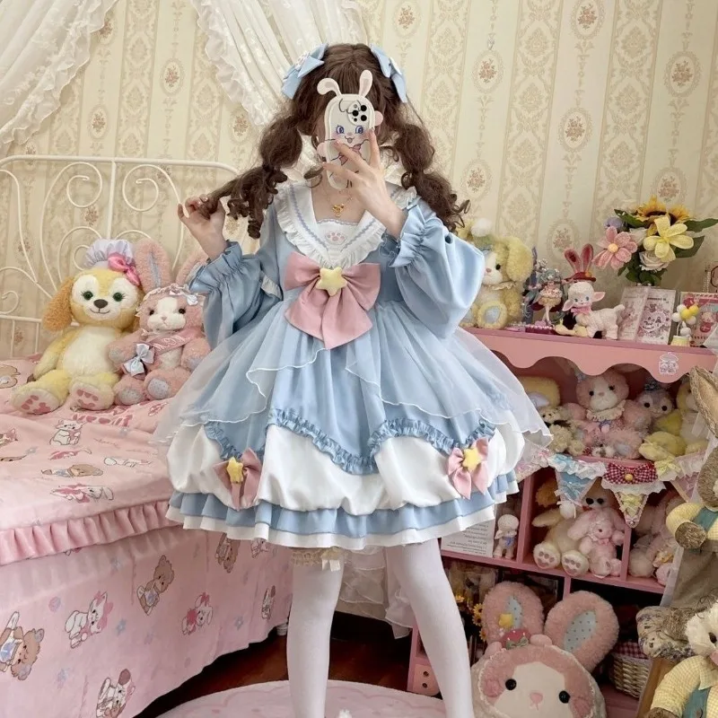 

Комплект платьев Лолиты, матросский воротник, платье с длинными рукавами и цветочным бутоном, кавайные платья с длинными рукавами для девочек, аксессуары в комплекте