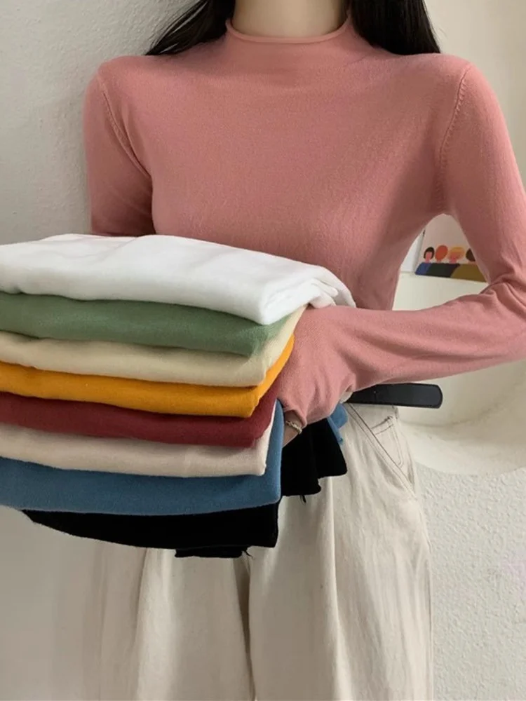 

Женский облегающий вязаный свитер с высоким воротником и длинными рукавами, розовый, с манжетами, 2025, повседневный, для ношения под одеждой