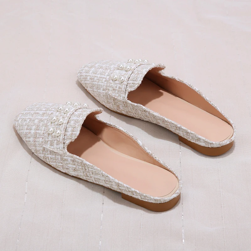 Baotou slippers spring and summer new female drag large size Korean version bow pearl low heel half drag