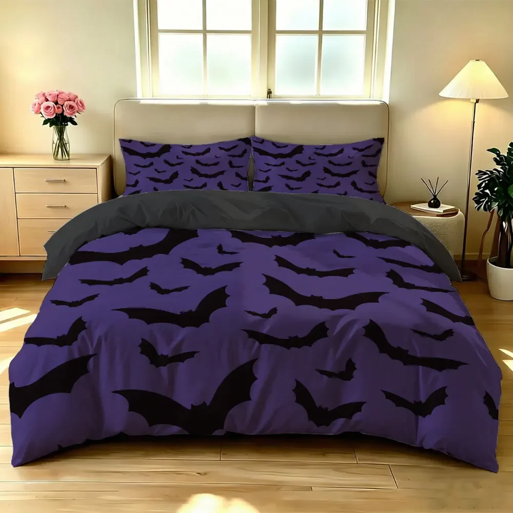 3PCS purple-bottomed dark bat pattern bedding set, without a core soft materialsdecoration machine-washed